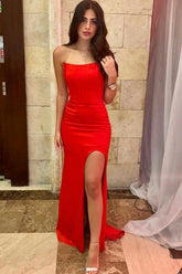 Simple Long Red Sexy Sleeveless Slit Mermaid Prom Evening Dresses